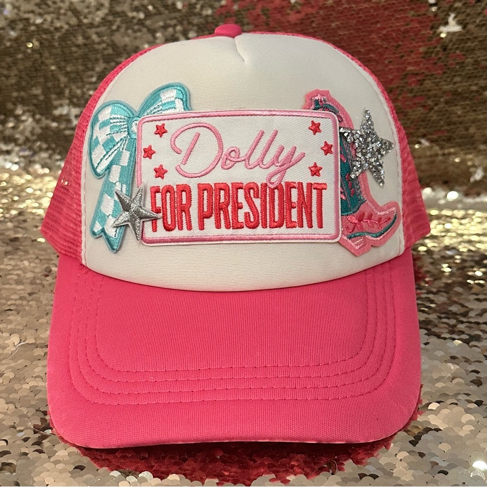 Dolly For President Patch Collage Ball Cap - Pink and White